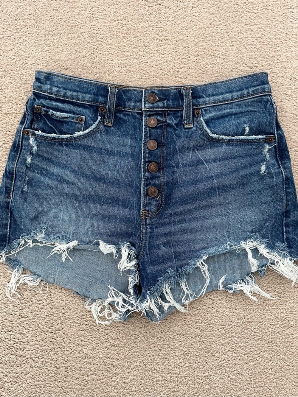Abercrombie High Rise Mom Shorts Dark Wash Distressed Cutoff Denim